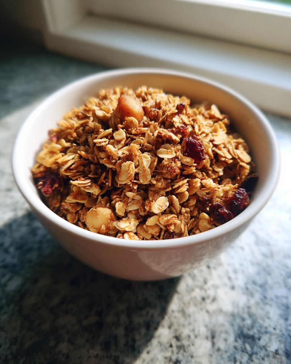 A close-up of a white bowl filled with delicious homemade granola, featuring oats, nuts, and dried cranberries.