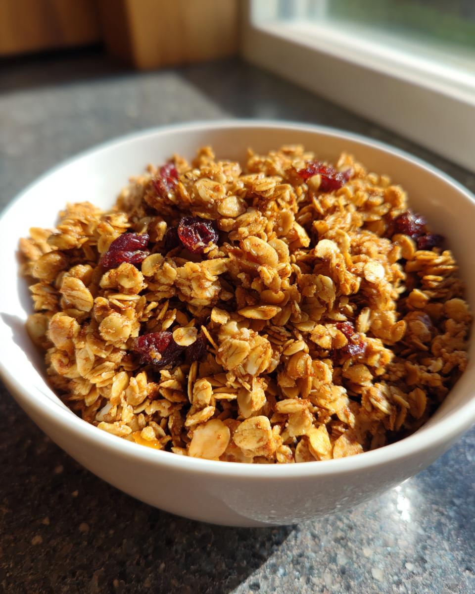 A close-up of a white bowl filled with delicious homemade granola, featuring oats, almonds, and dried cranberries.