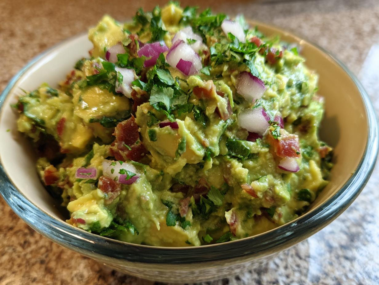 A close-up of a bowl of delicious homemade guacamole, topped with red onion, cilantro, and bacon bits.
