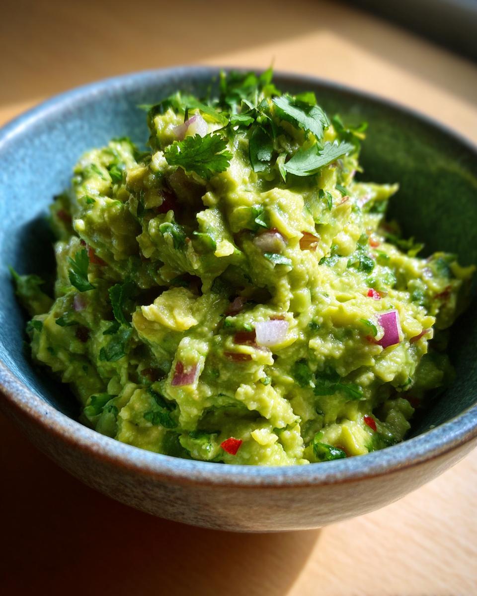 A close-up of vibrant, chunky Homemade Guacamole in a rustic blue bowl, garnished with fresh cilantro.