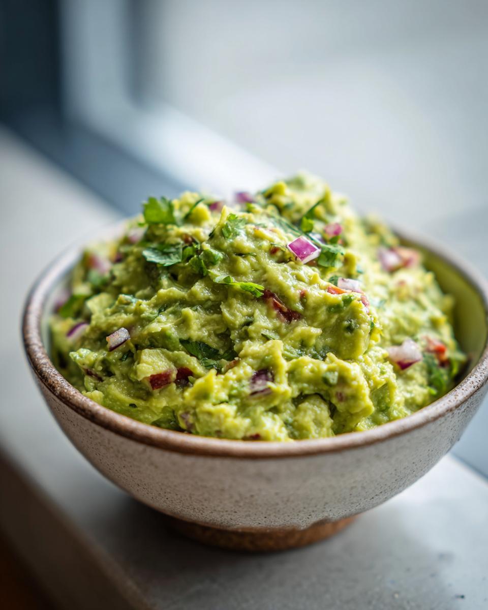 A close-up of a bowl filled with chunky, vibrant green homemade guacamole, garnished with cilantro and red onion.