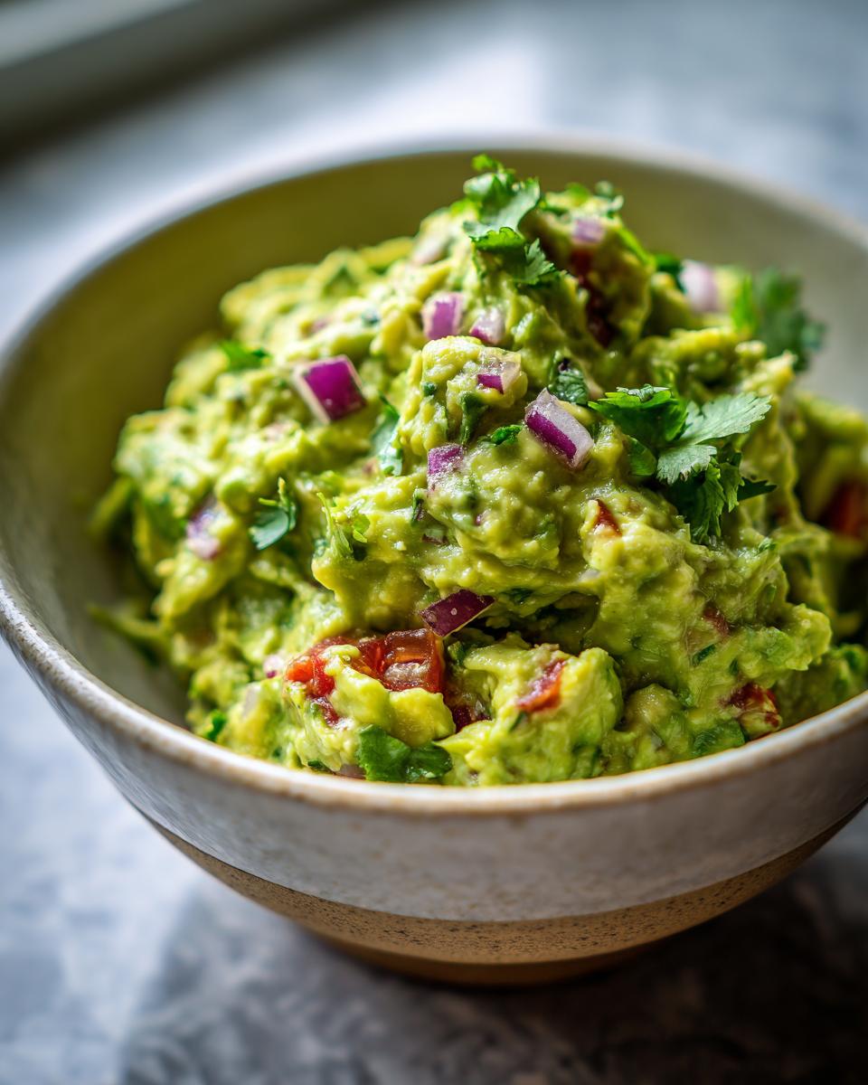Close-up of a bowl of fresh, chunky Homemade Guacamole with red onion and cilantro.