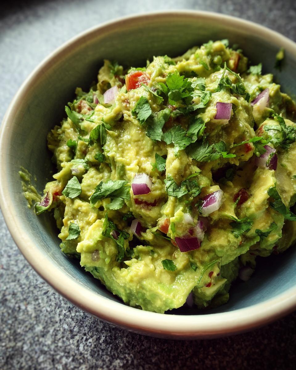 Close-up of a bowl of fresh homemade guacamole with chunks of avocado, red onion, tomato, and cilantro.