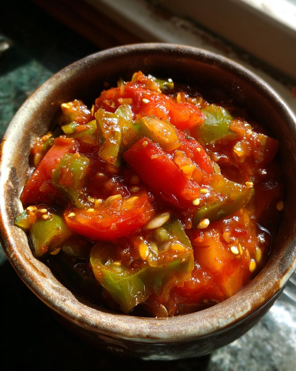 Close-up of a rustic bowl filled with vibrant, chunky homemade salsa, featuring tomatoes and green peppers.