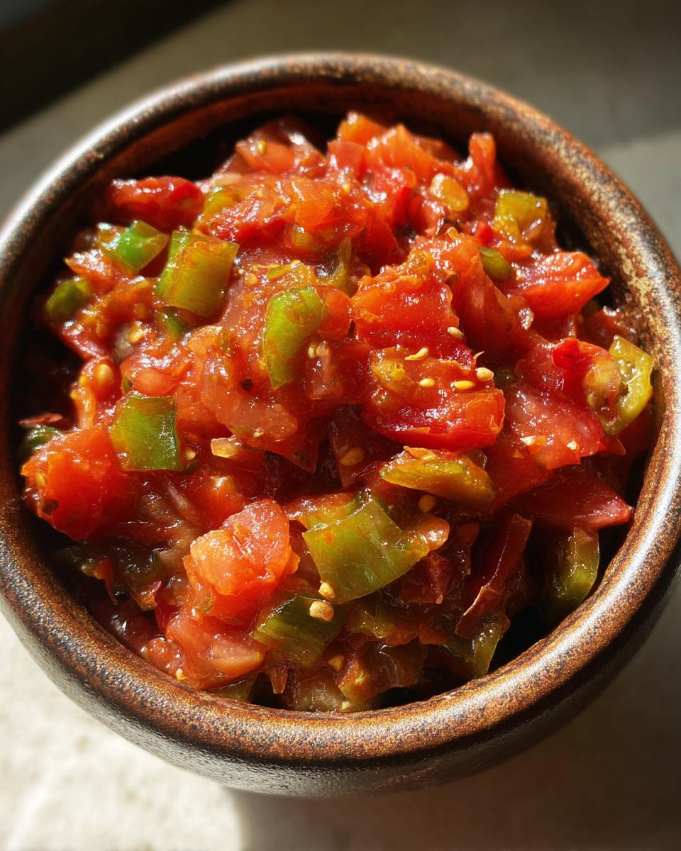 Close-up of a rustic bowl filled with vibrant, chunky homemade salsa, featuring tomatoes and green peppers.