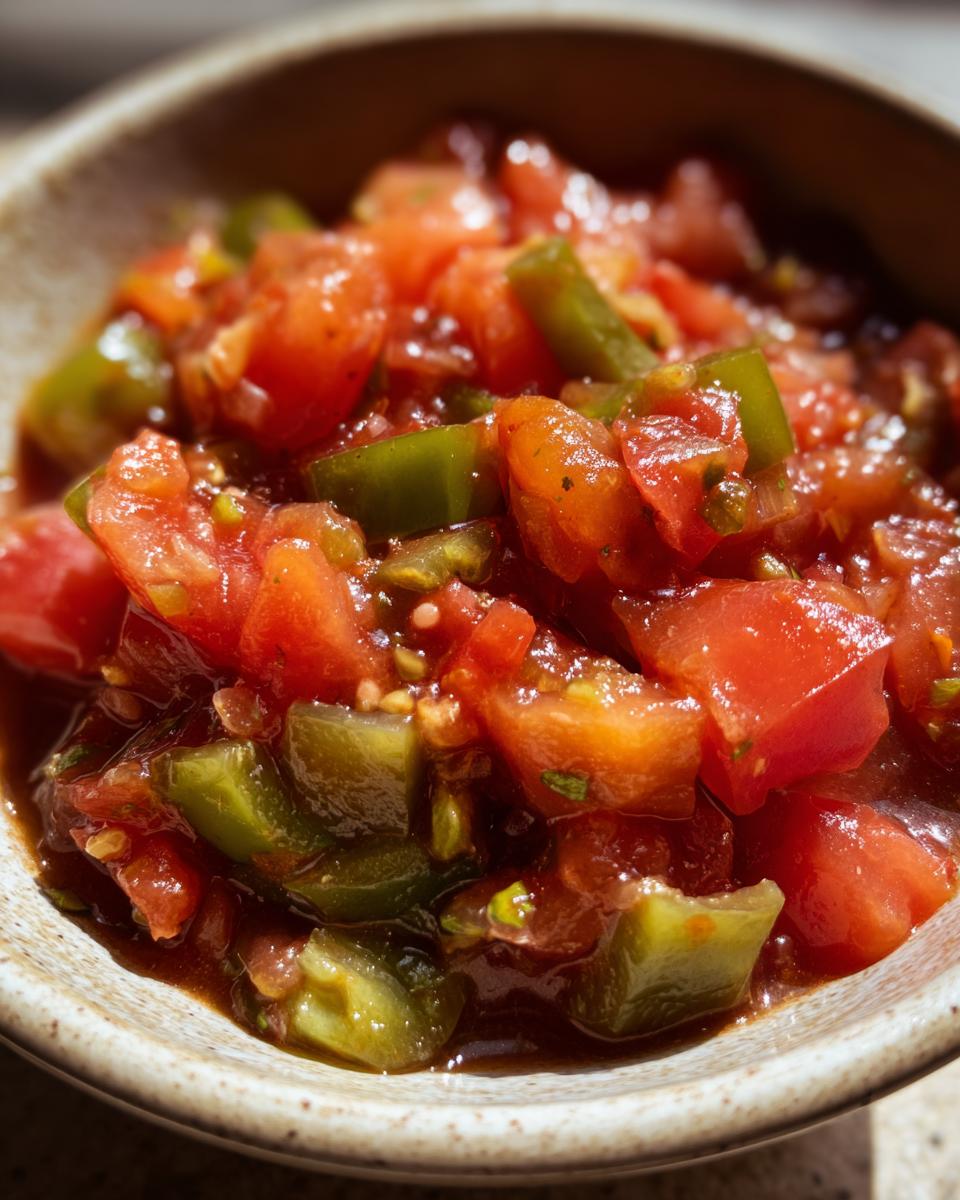 Close-up of a bowl filled with vibrant, chunky homemade salsa featuring diced tomatoes and green peppers.