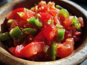 Close-up of fresh homemade salsa with chopped tomatoes and green peppers in a rustic wooden bowl.