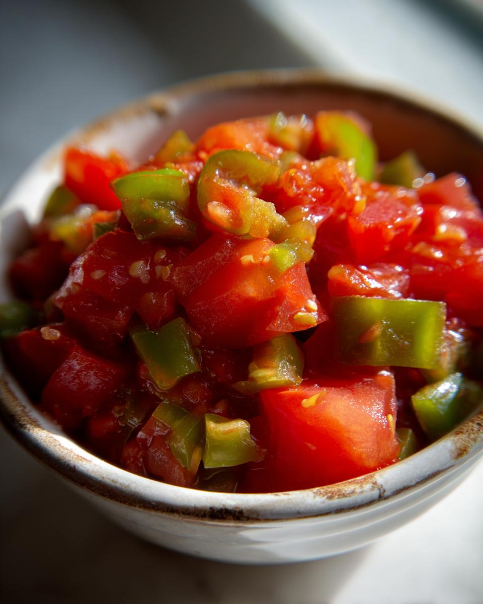 Close-up of a rustic bowl filled with vibrant homemade salsa, featuring diced tomatoes and green peppers.