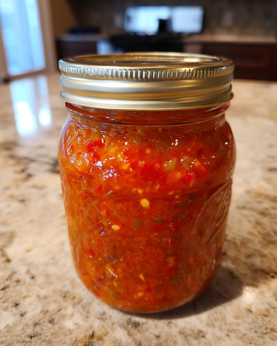 A close-up of a glass jar filled with vibrant, chunky homemade tomato salsa, ready for canning.