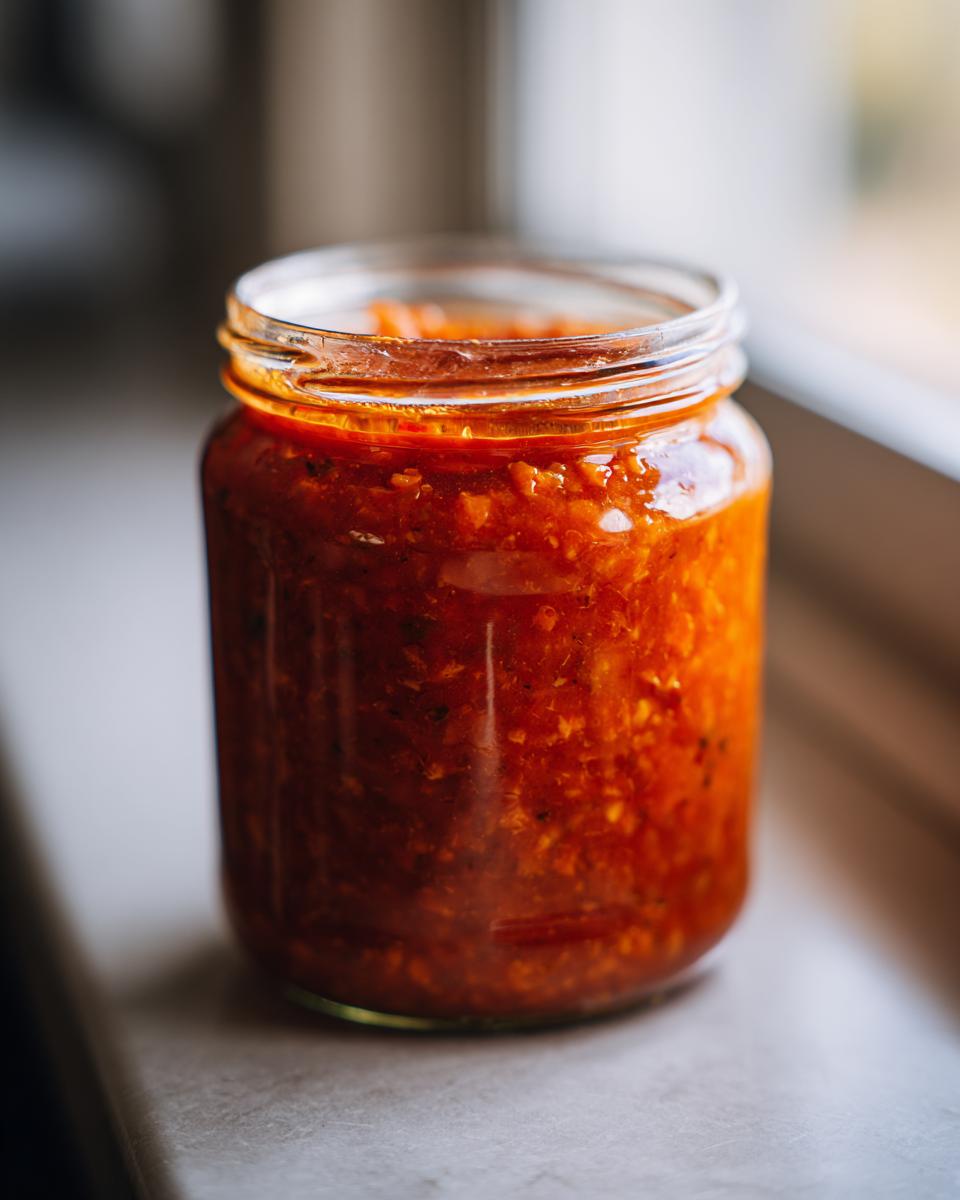 A glass jar filled with vibrant, chunky homemade tomato salsa, ready for canning.