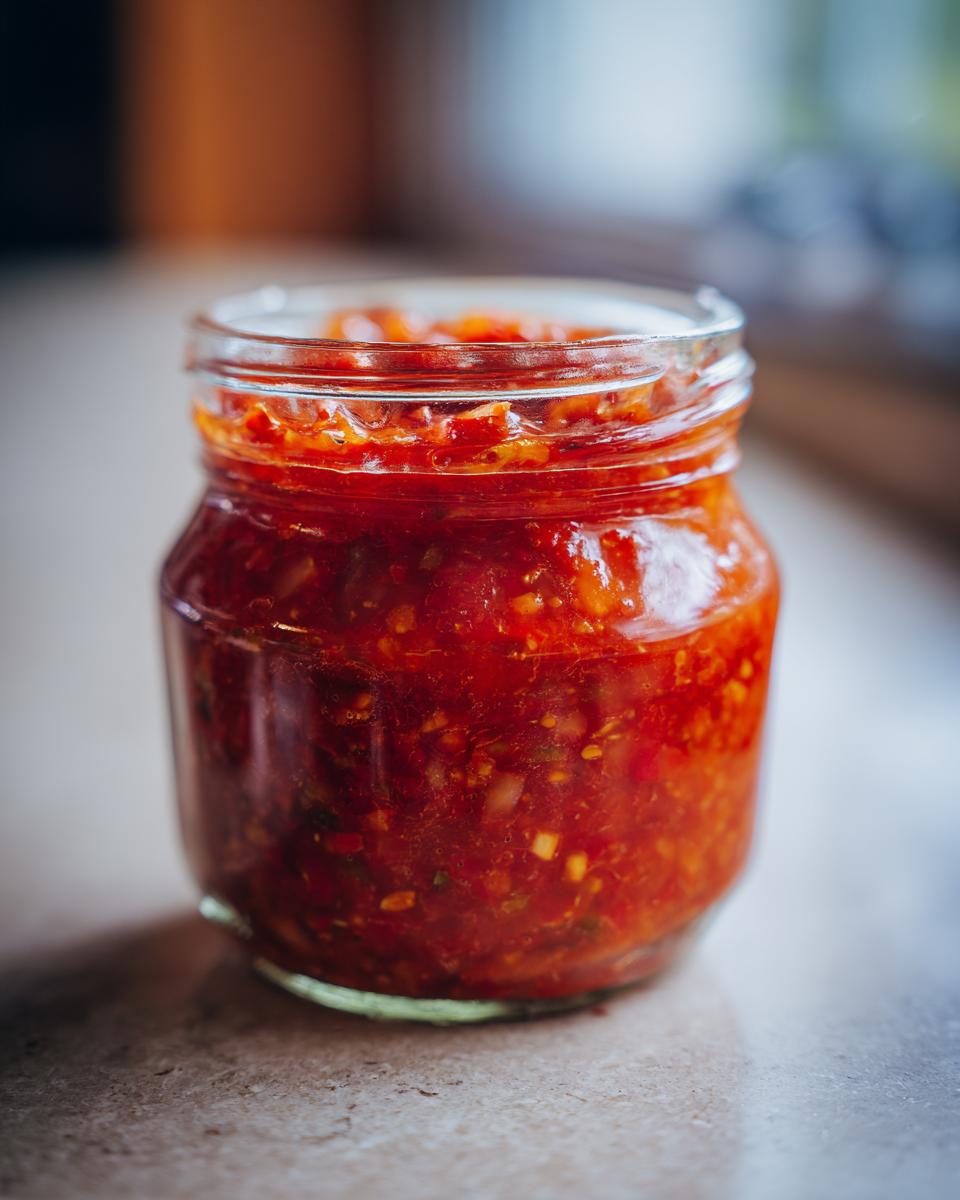 A close-up of a glass jar filled with vibrant homemade tomato salsa, ready for canning.