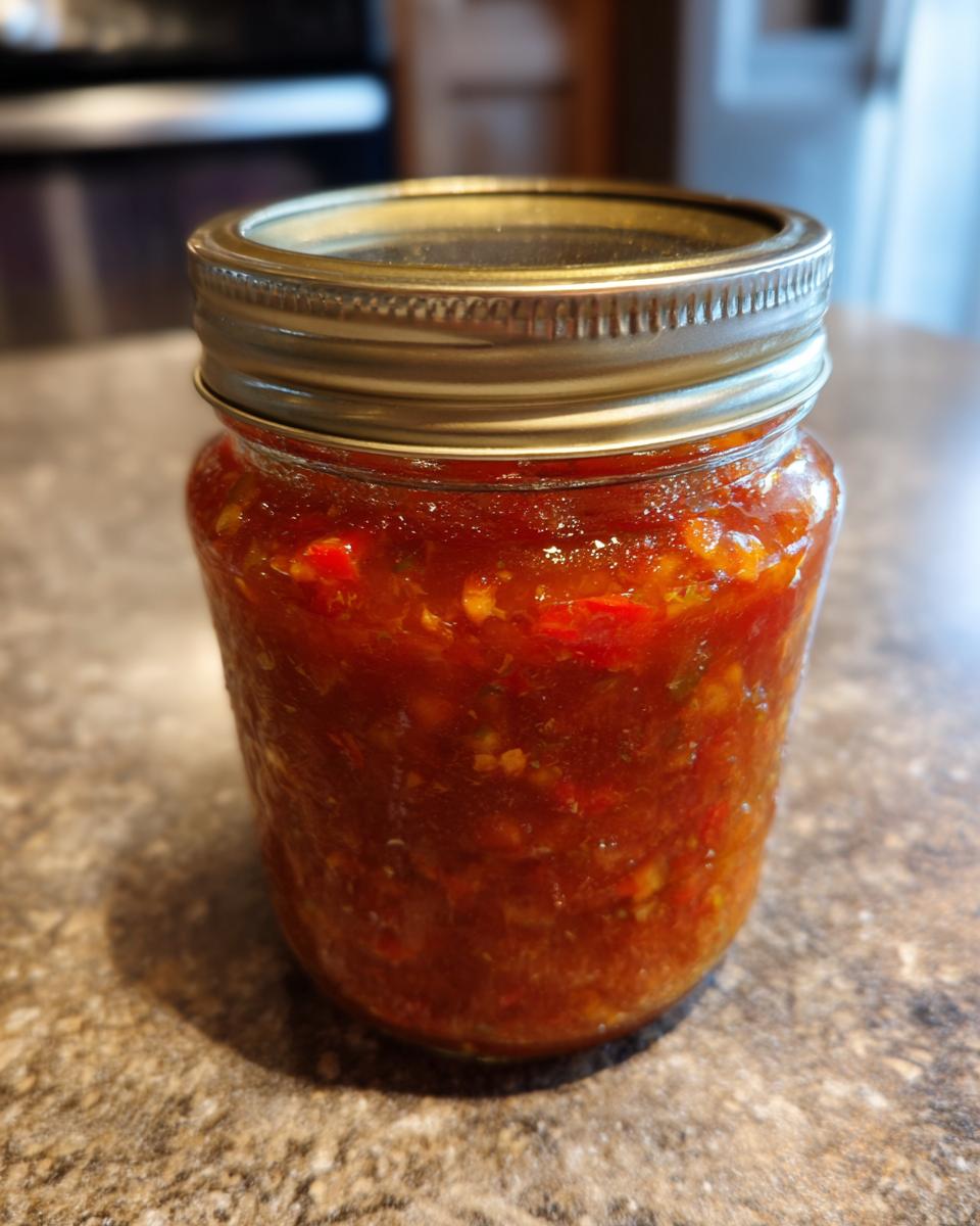 A close-up of a glass jar filled with vibrant homemade tomato salsa, ready for canning.