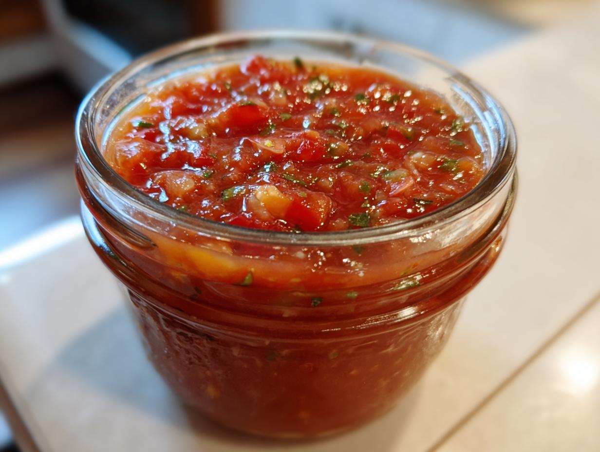 Close-up of a glass jar filled with vibrant homemade tomato salsa, perfect for canning.