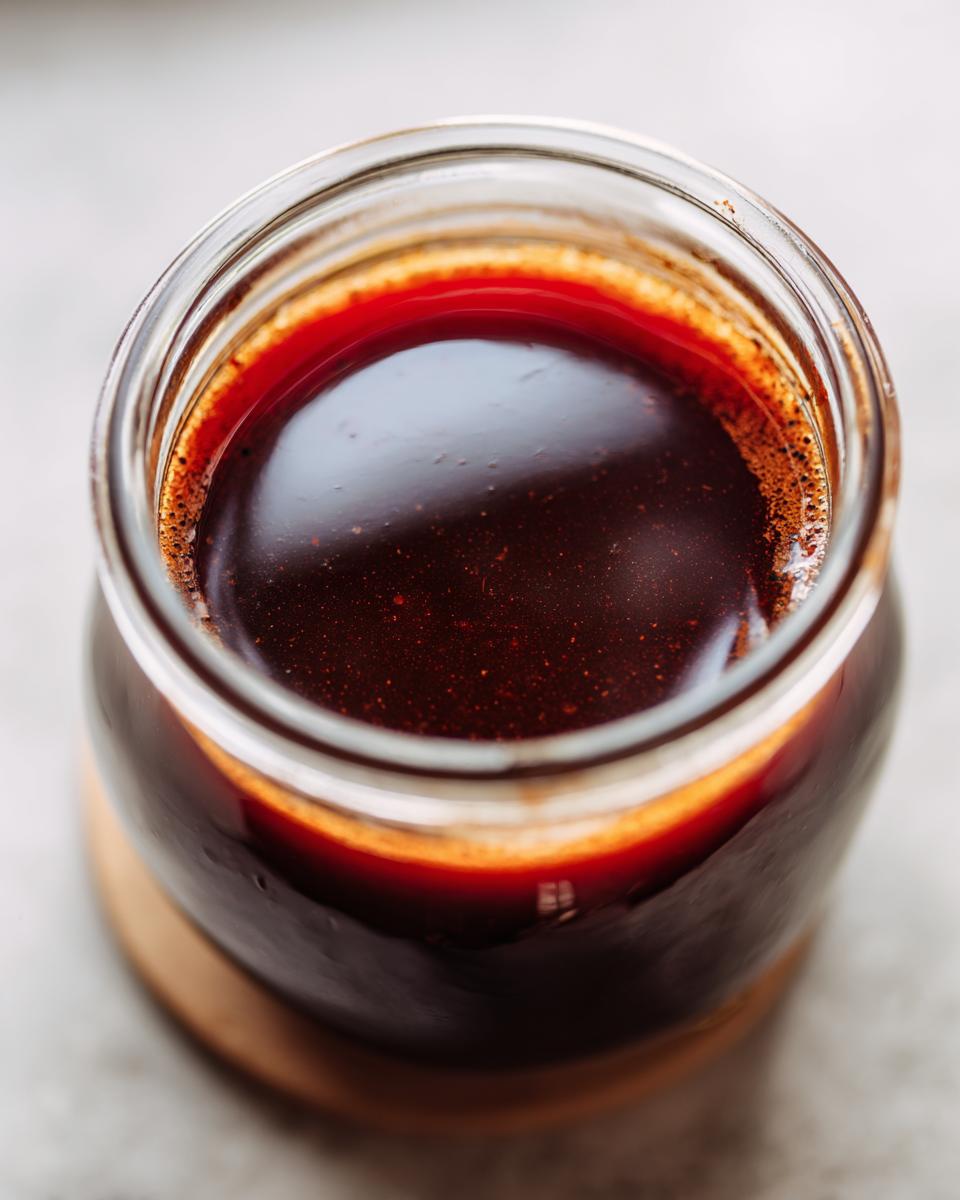 Close-up of rich, dark honey BBQ sauce in a glass jar, showing its glossy texture and hints of spices.