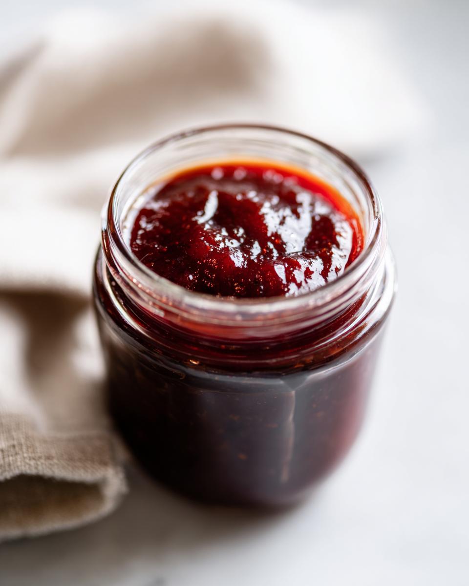 A close-up shot of a glass jar filled with glistening, homemade honey BBQ sauce.