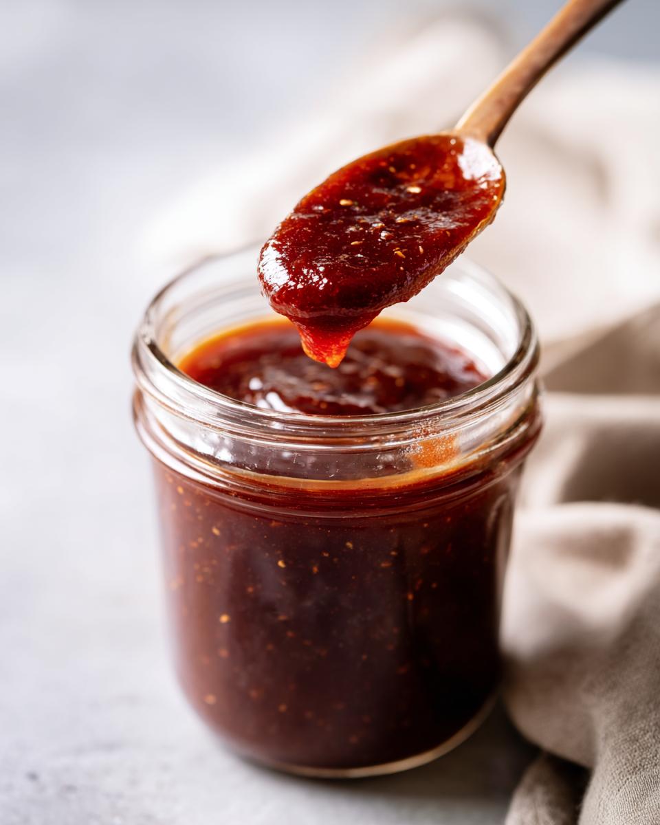 A wooden spoon lifting a drip of rich, dark honey BBQ sauce from a glass jar.