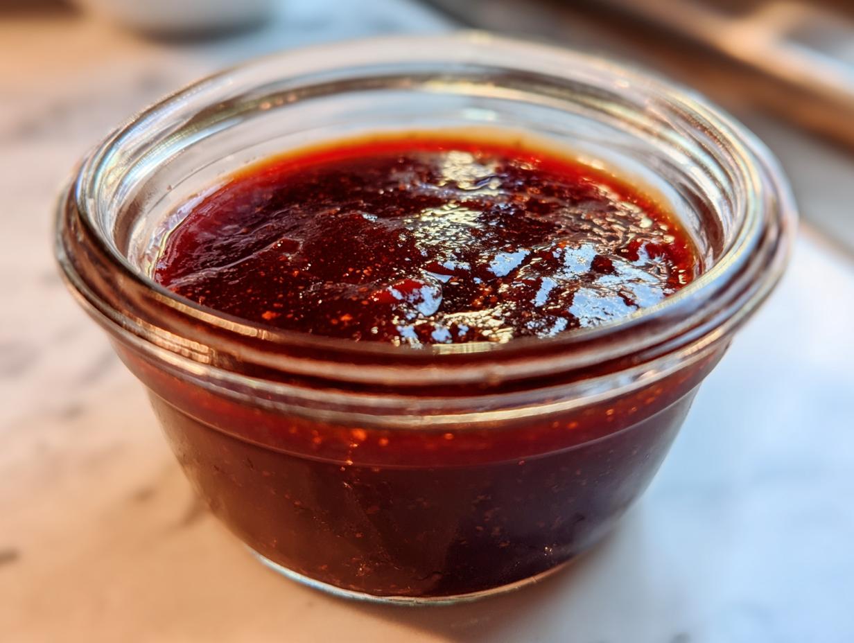 Close-up of a glass jar filled with rich, glossy honey BBQ sauce.