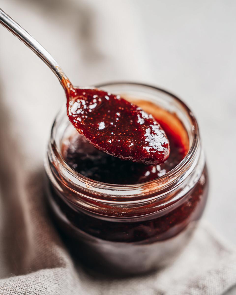 A spoonful of thick, glossy honey BBQ sauce being lifted from a glass jar.