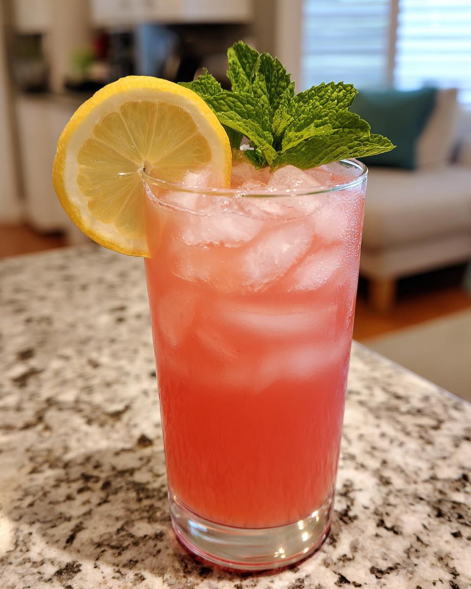 A tall glass filled with ice and pink liquid, garnished with a lemon slice and fresh mint sprigs. This is our honey lemon pink soda.