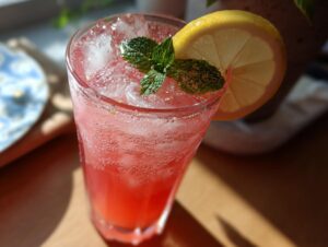 A tall glass of honey lemon pink soda filled with ice, garnished with a lemon slice and fresh mint leaves.