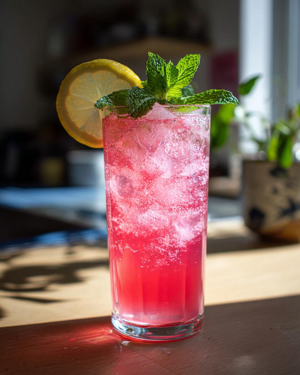 A tall glass filled with bubbly honey lemon pink soda, ice, a lemon slice, and fresh mint leaves.