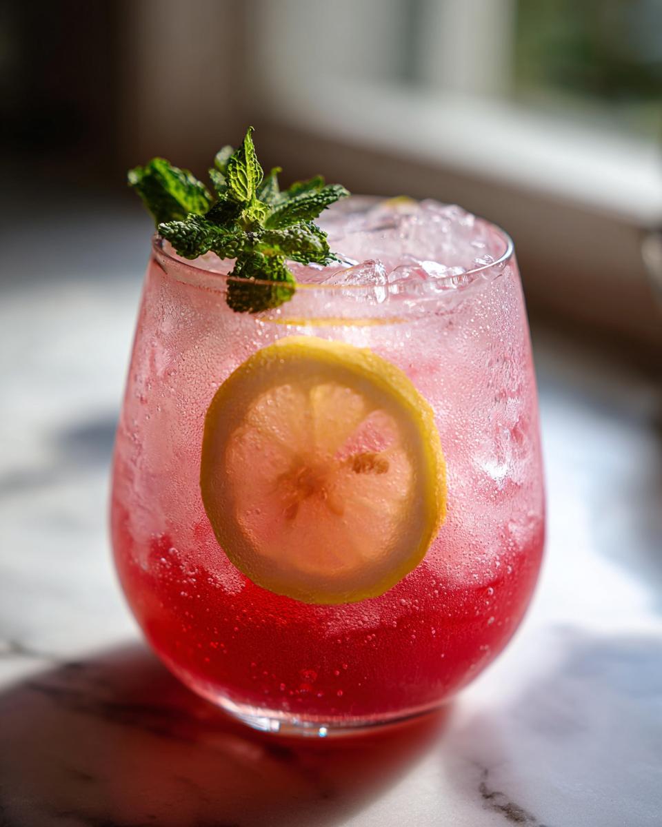A close-up of a glass of honey lemon pink soda filled with ice, garnished with a lemon slice and fresh mint.