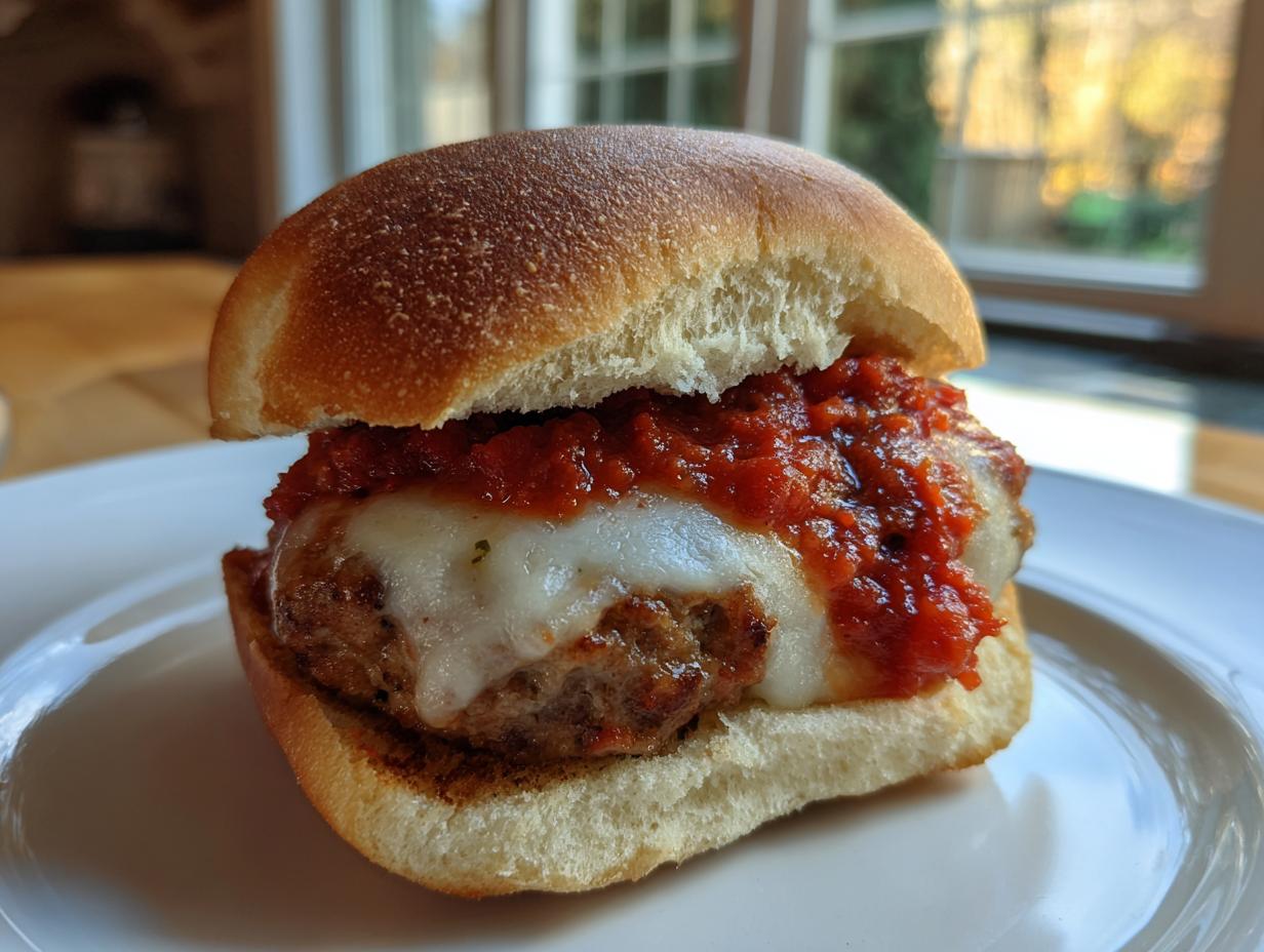 A close-up of a delicious Italian sub slider featuring a savory meat patty, melted mozzarella cheese, and marinara sauce on a soft bun.