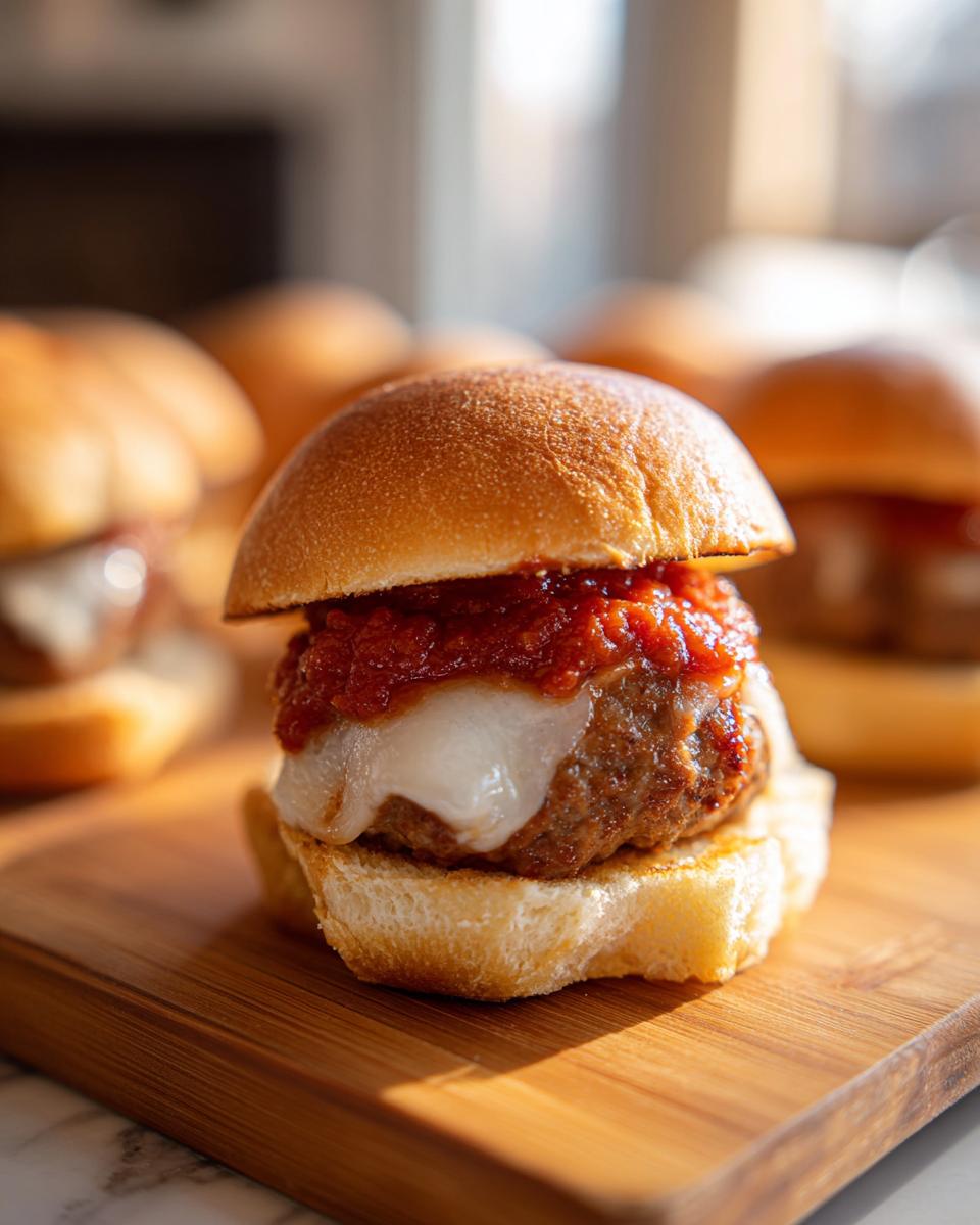 Close-up of a delicious Italian sub slider featuring a meatball, melted mozzarella cheese, and marinara sauce on a toasted bun.
