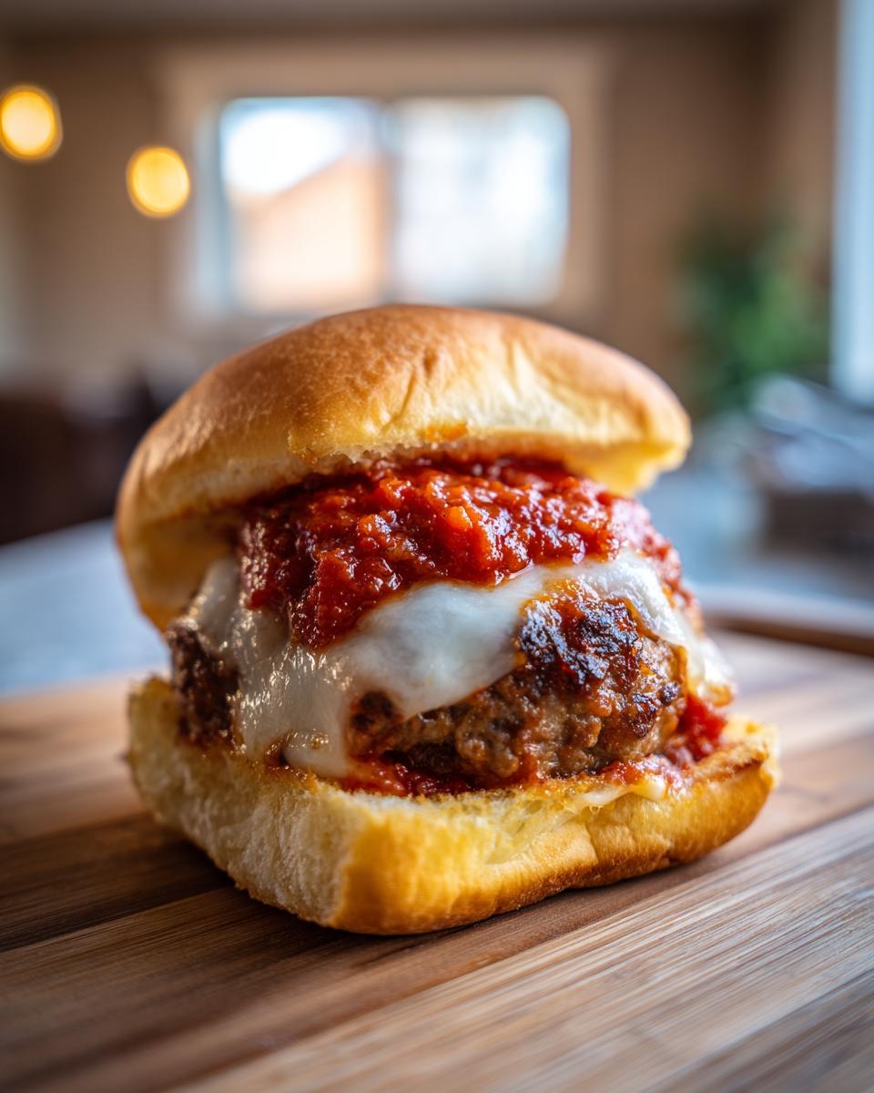 Close-up of an Italian sub slider featuring a meatball, melted cheese, and marinara sauce on a soft bun.