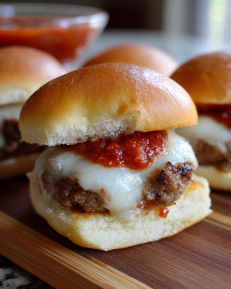 Close-up of an Italian sub slider with a juicy meatball, melted mozzarella cheese, and marinara sauce on a soft bun.