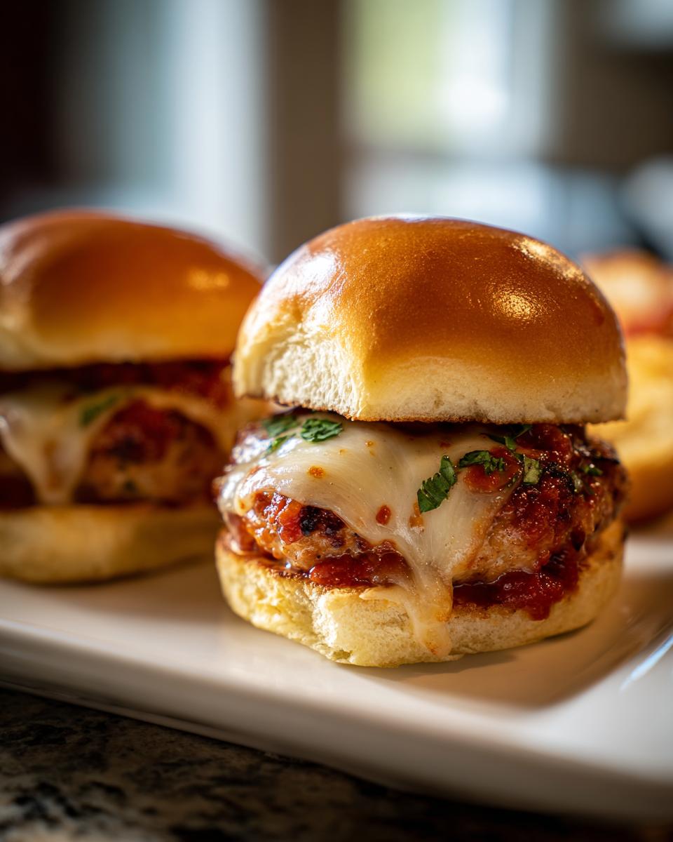 Close-up of two Italian sub sliders with melted cheese and marinara sauce on a white plate.