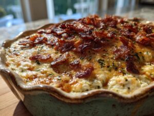 A close-up of a bubbly, baked Jalapeño Popper Dip topped with crispy bacon and herbs.