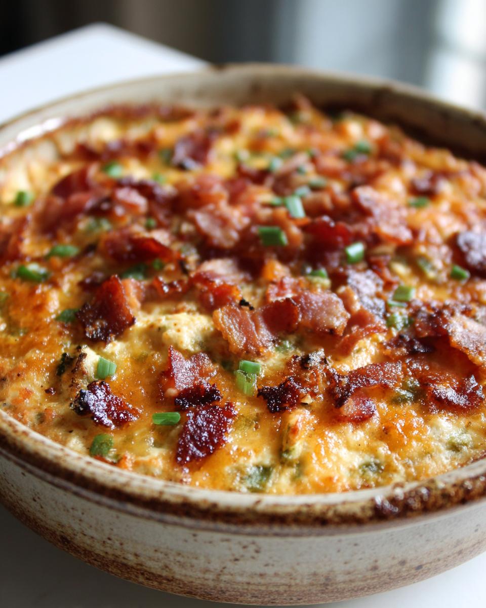 Close-up of a bubbly Jalapeño Popper Dip topped with crispy bacon and chives in a ceramic dish.