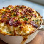 A close-up of bubbling hot Jalapeño Popper Dip topped with crispy bacon and chives.