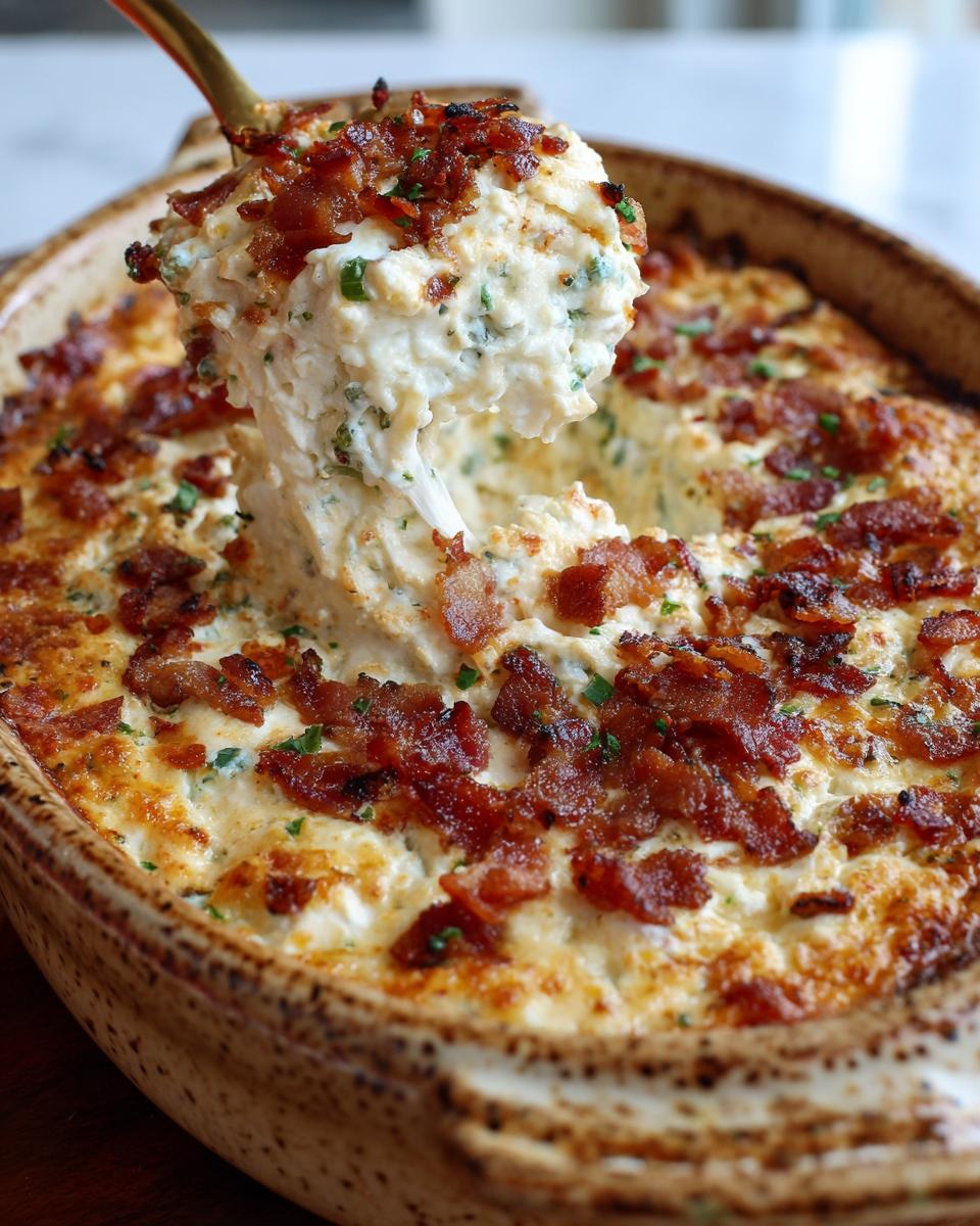 A spoonful of creamy Jalapeño Popper Dip, topped with crispy bacon and green herbs, being lifted from a baking dish.