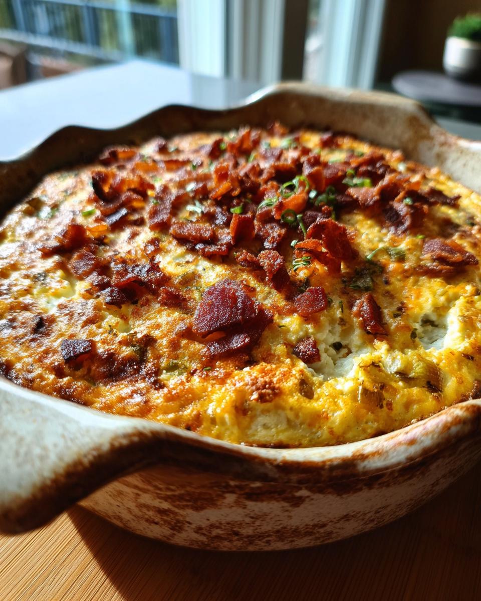 A close-up of a baked Jalapeño Popper Dip topped with crispy bacon and chives in a rustic baking dish.