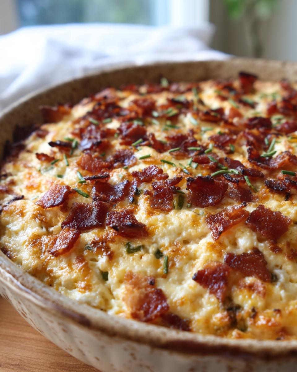 A close-up of a bubbly Jalapeño Popper Dip topped with crispy bacon and chives.