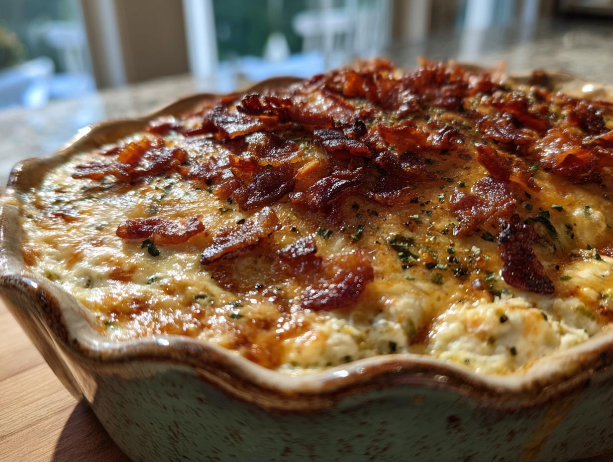 A close-up of a bubbly, baked Jalapeño Popper Dip topped with crispy bacon and herbs.