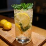 A tall glass filled with a bubbly Japanese Souffle Pancakes Drink, garnished with lemon slices, mint leaves, and ice.
