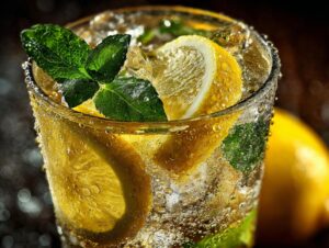 A tall glass filled with a sparkling drink, ice, lemon slices, and mint leaves, perfect for Japanese souffle pancakes.