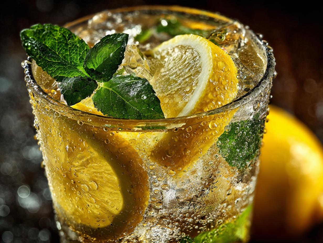 A tall glass filled with a sparkling drink, ice, lemon slices, and mint leaves, perfect for Japanese souffle pancakes.