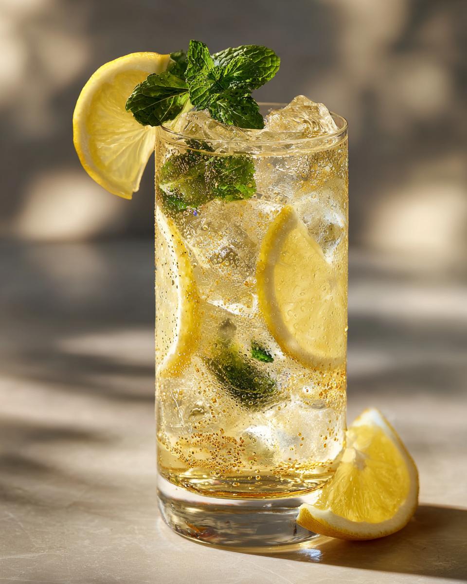 A refreshing sparkling drink with lemon slices and mint, perfect alongside Japanese souffle pancakes.