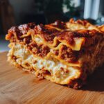 A thick slice of lasagna with cottage cheese and meat sauce, showcasing layers of pasta, creamy filling, and rich bolognese.