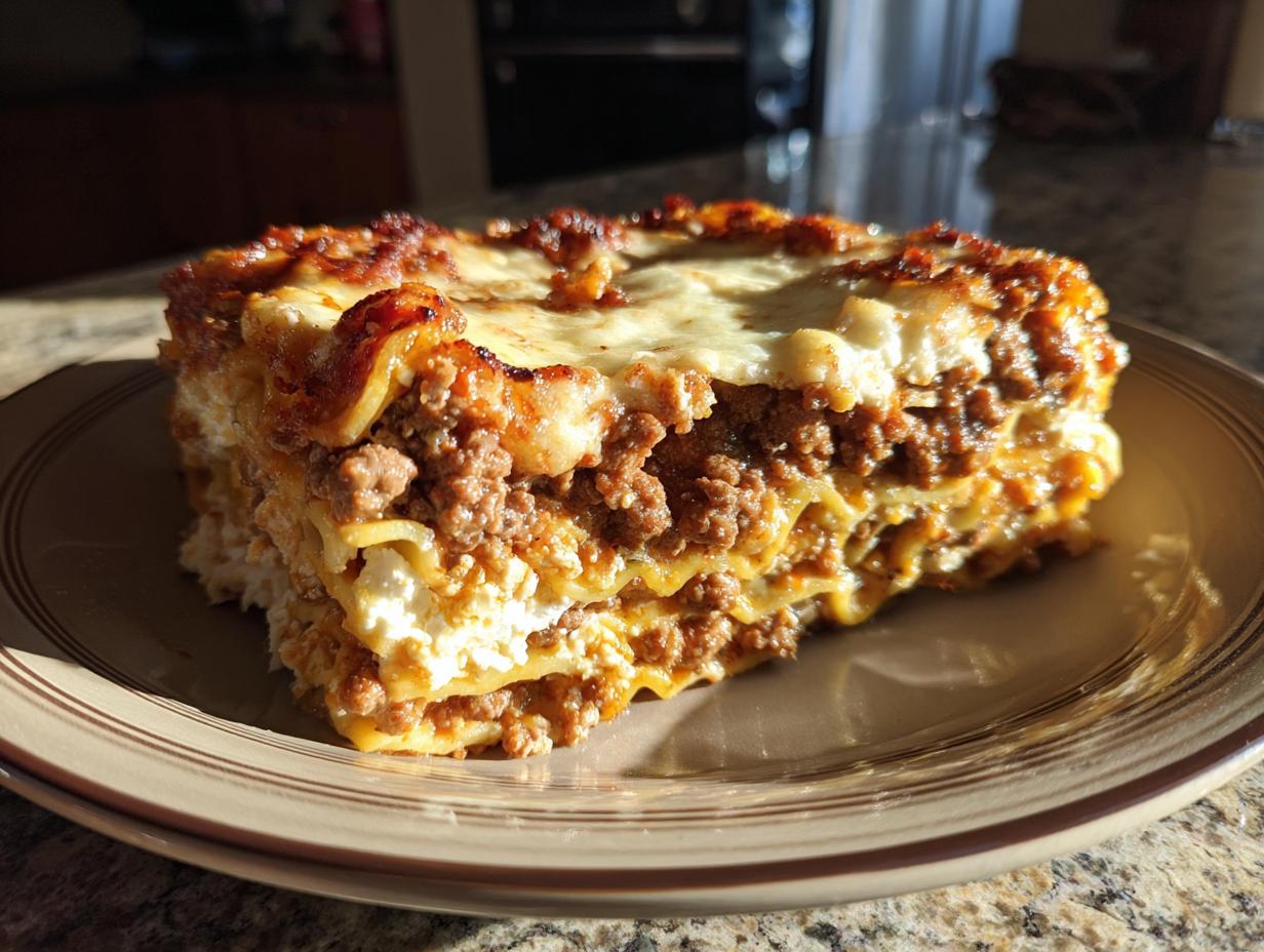 A generous slice of homemade Lasagna with Cottage Cheese, showcasing layers of pasta, meat sauce, and creamy cheese.