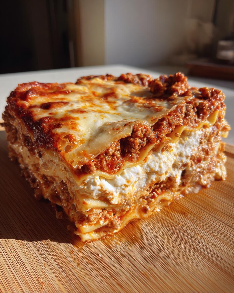 A thick slice of lasagna with cottage cheese, rich meat sauce, and melted cheese on a wooden board.