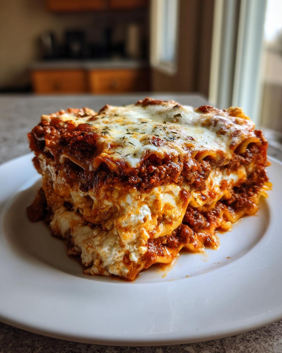 A hearty slice of Lasagna with Cottage Cheese, featuring layers of pasta, rich meat sauce, and creamy cottage cheese filling, topped with melted cheese.