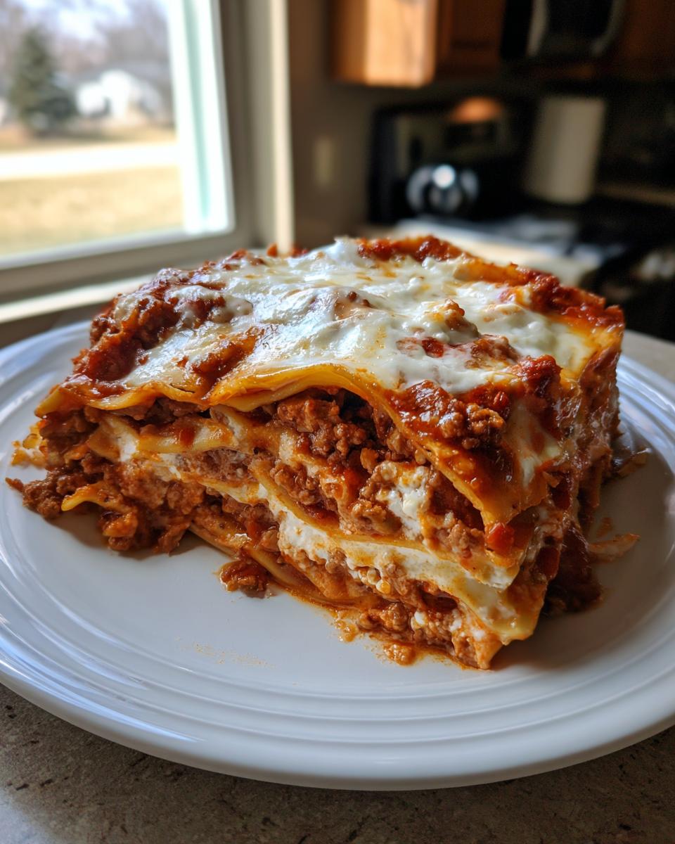 A generous slice of lasagna with cottage cheese, featuring layers of pasta, meat sauce, and creamy cottage cheese filling.