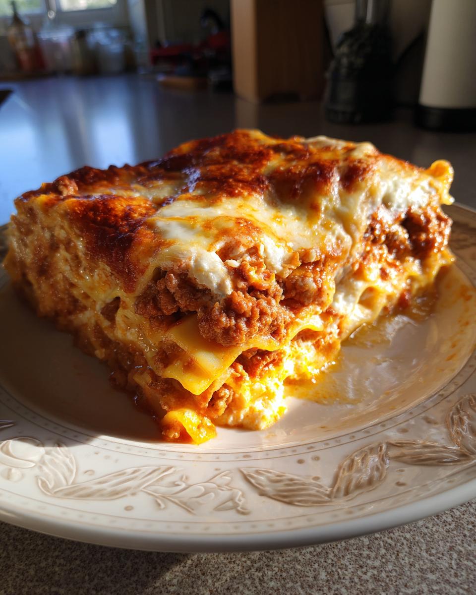 A hearty slice of Lasagna with Cottage Cheese, showing layers of pasta, meat sauce, and melted cheese.