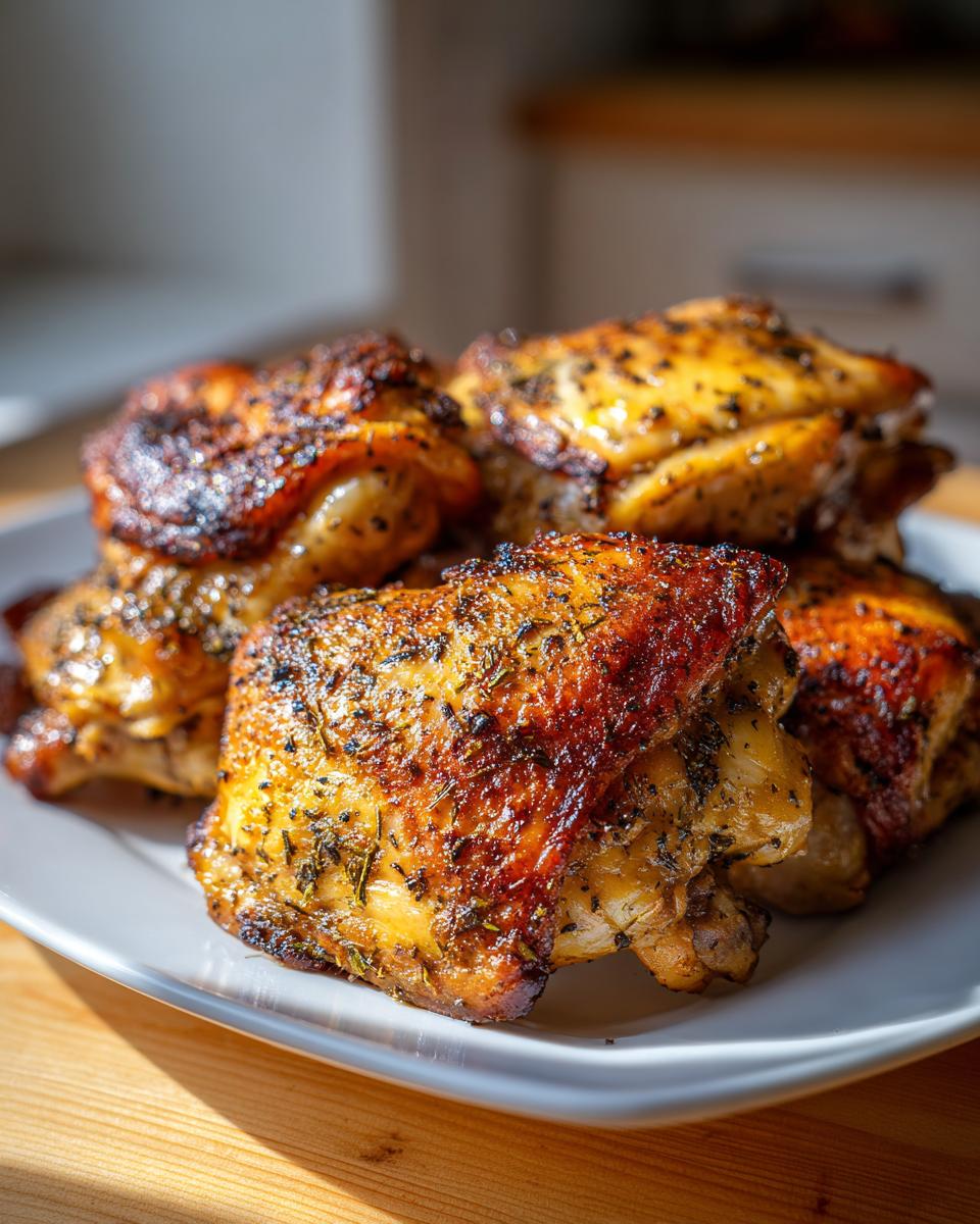 A plate piled high with perfectly cooked lemon pepper chicken thighs, featuring crispy skin and seasoned with herbs.