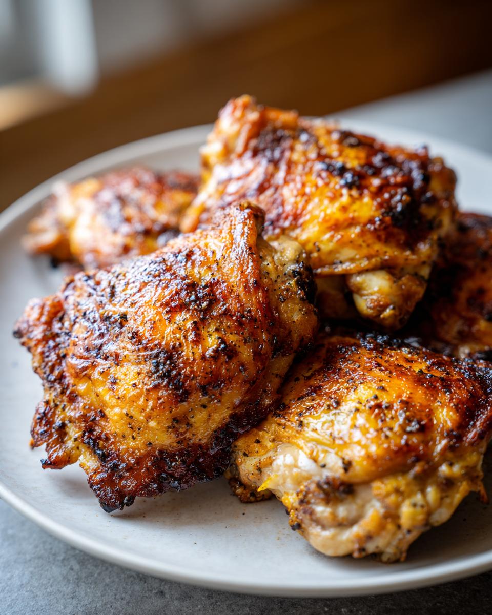 A close-up of several golden-brown, crispy lemon pepper chicken thighs piled on a white plate.
